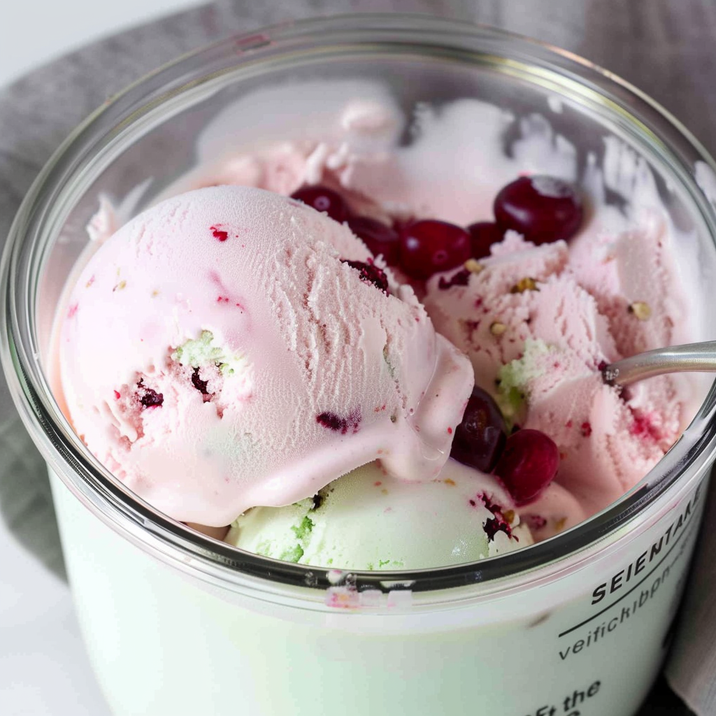 Recipe preparation for Marbled Pistachio & Cherry Ice Cream