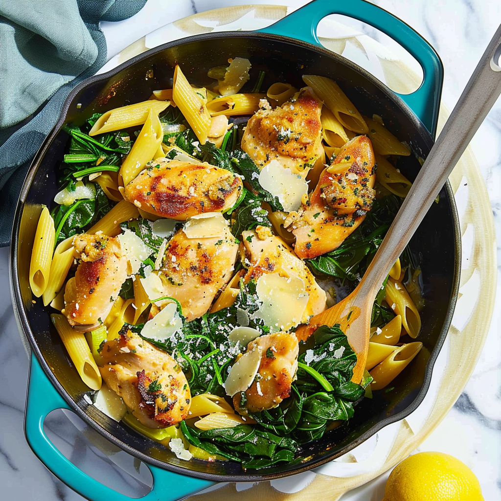 Recipe preparation for Skillet Chicken and Spinach with Lemon & Parmesan