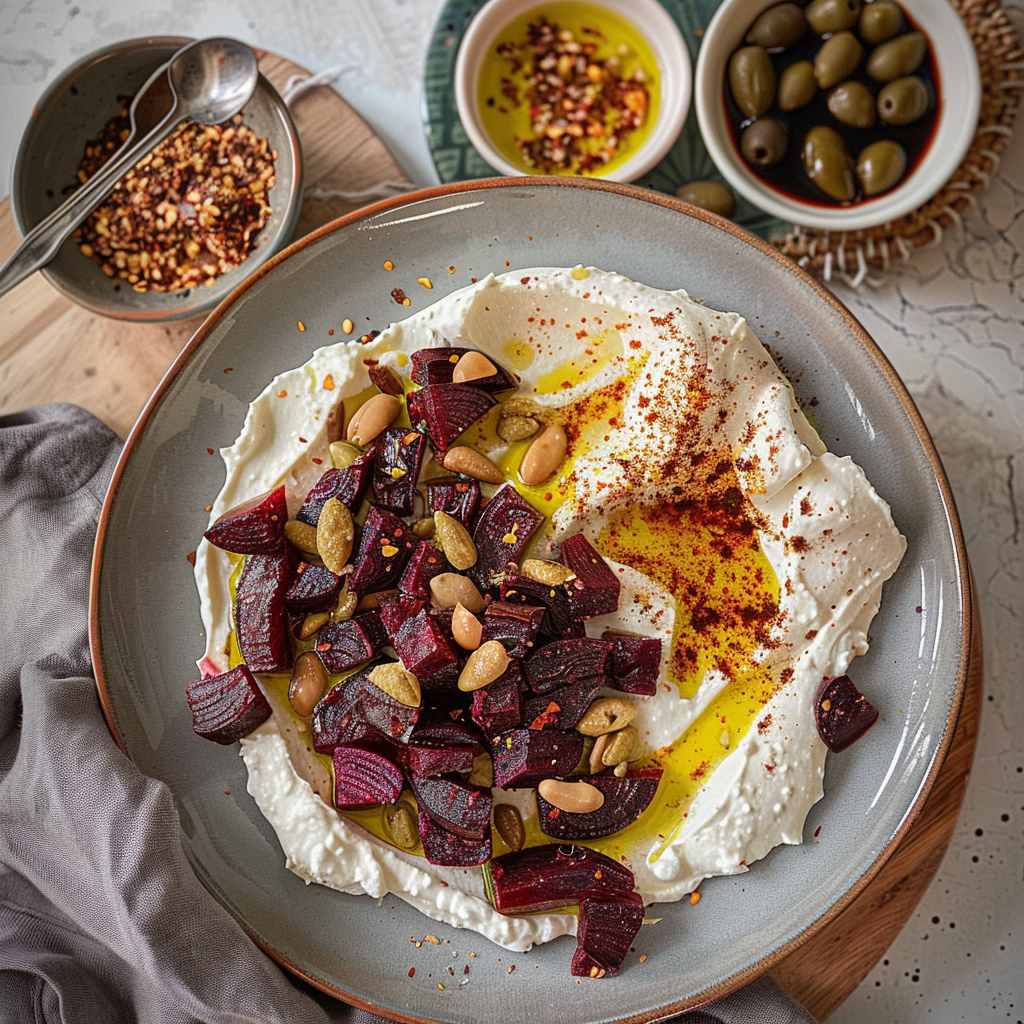 Recipe preparation for Whipped Feta Dip with Roasted Beets