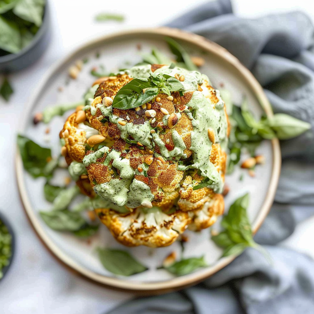 Recipe preparation for Whole Roasted Cauliflower with Green Tahini
