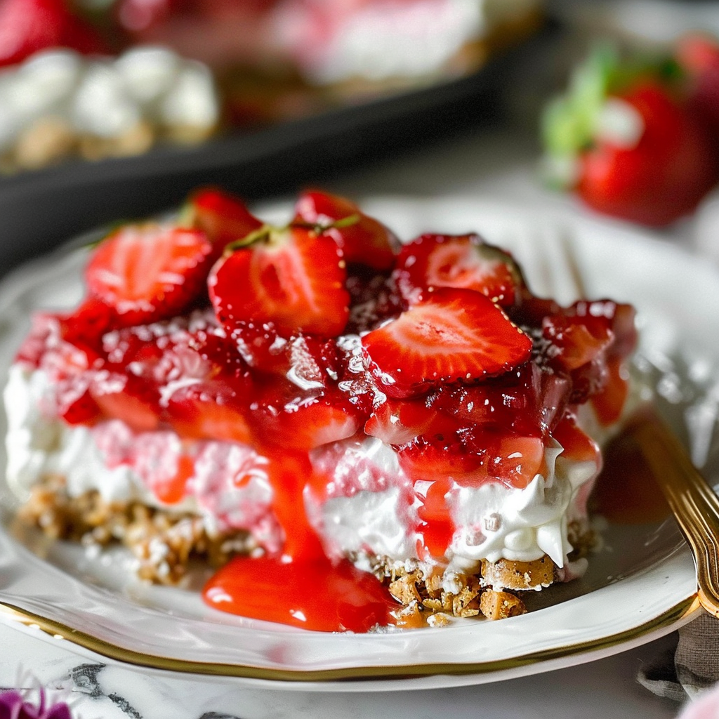 Recipe preparation for No-Bake Strawberry Pretzel Salad