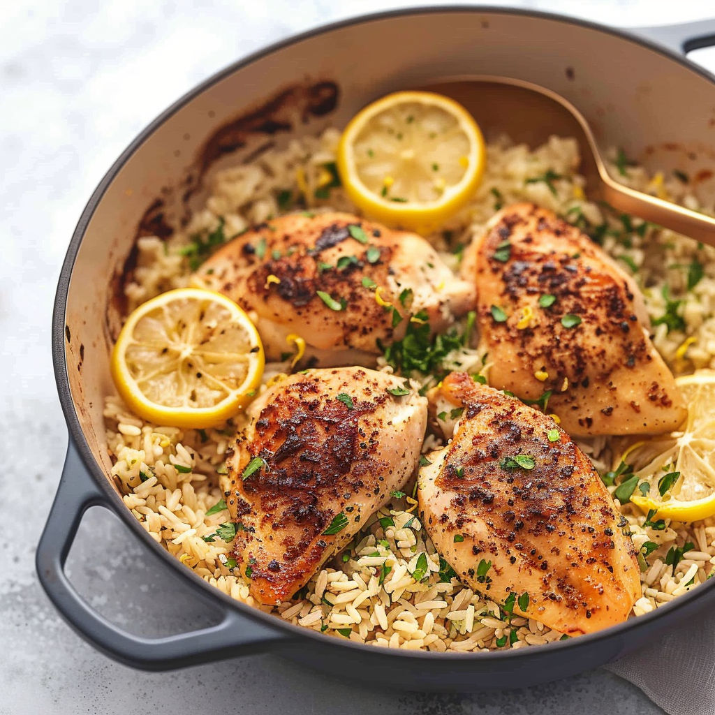 Recipe preparation for Lemon Pepper Chicken & Herb Rice Bake