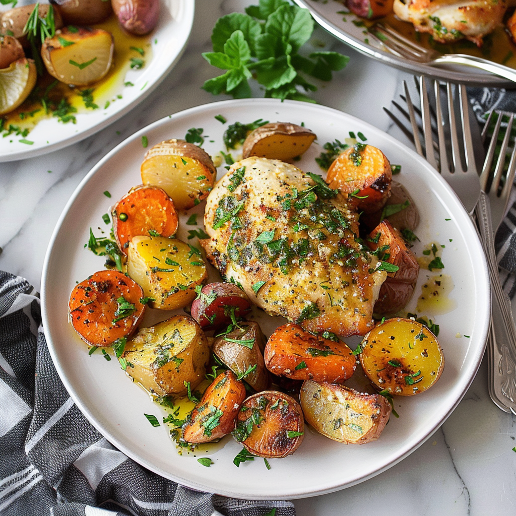 Recipe preparation for Garlic Herb Roasted Chicken & Root Vegetables