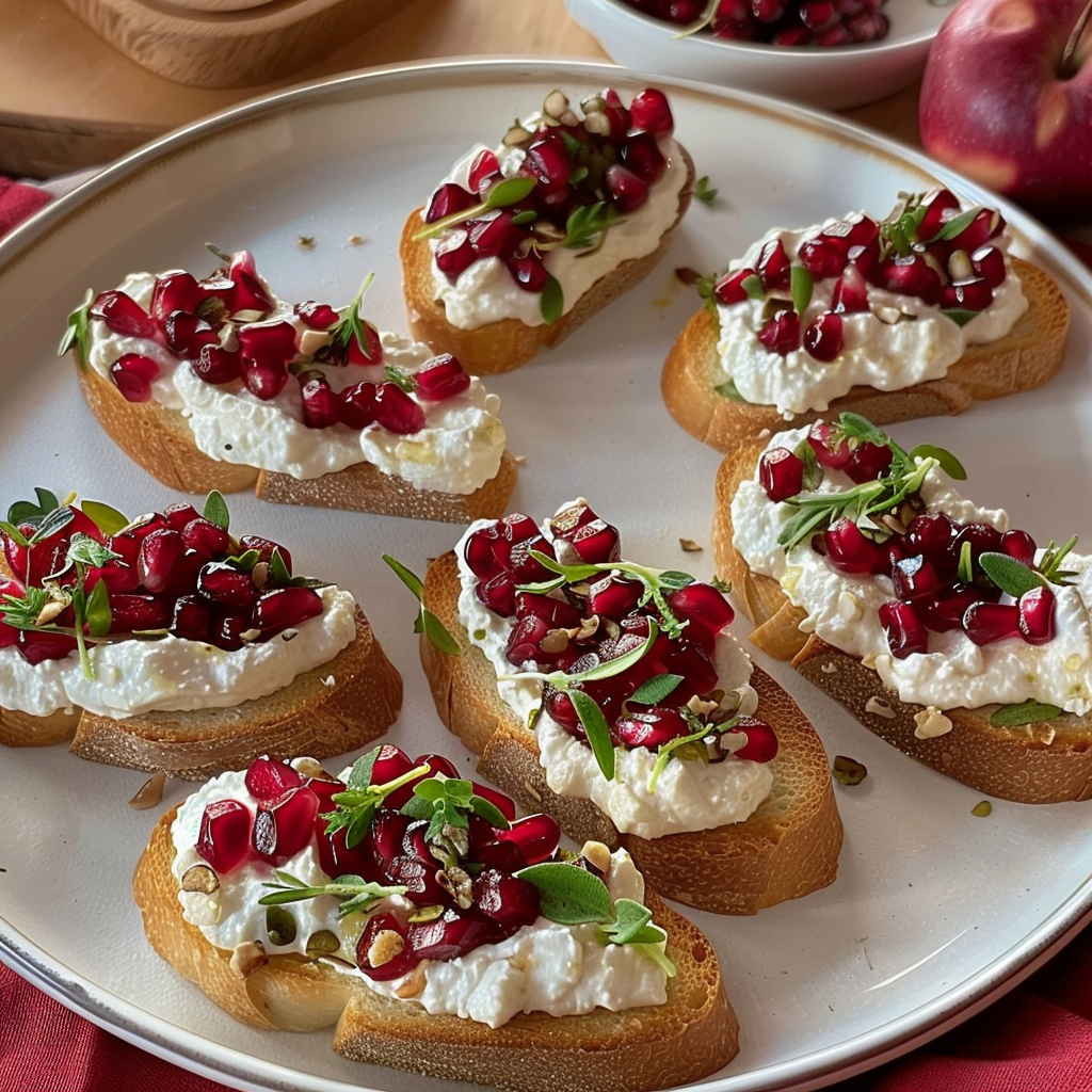 Recipe preparation for Pomegranate & Goat-Cheese Crostini Wreath