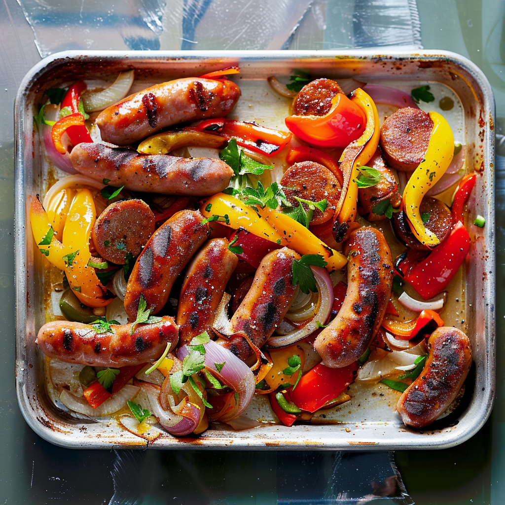 Recipe preparation for Sheet-Pan BBQ Sausage, Peppers & Onions