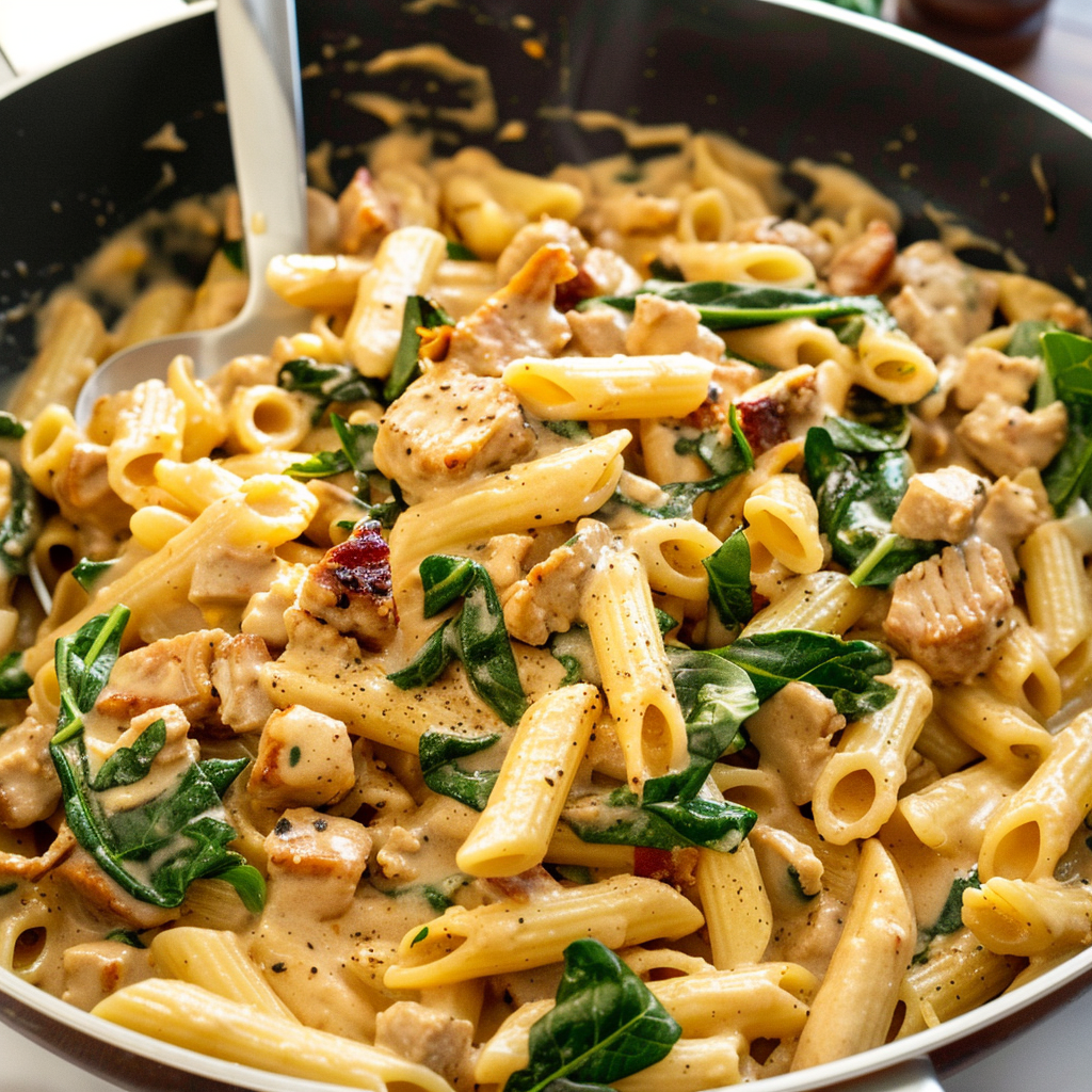 Recipe preparation for 15-Minute Creamy Tuscan Spinach Pasta