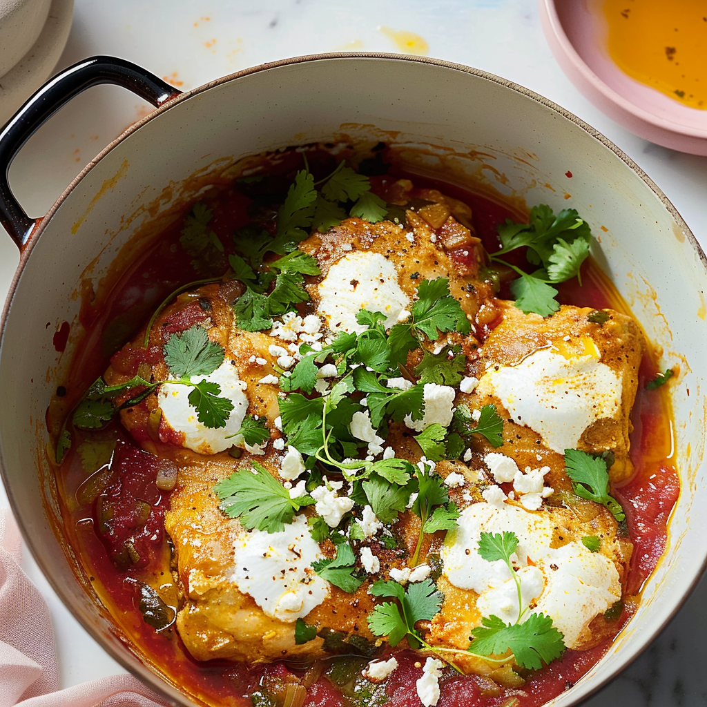 Recipe preparation for Shakshuka-Style Chicken with Harissa & Feta