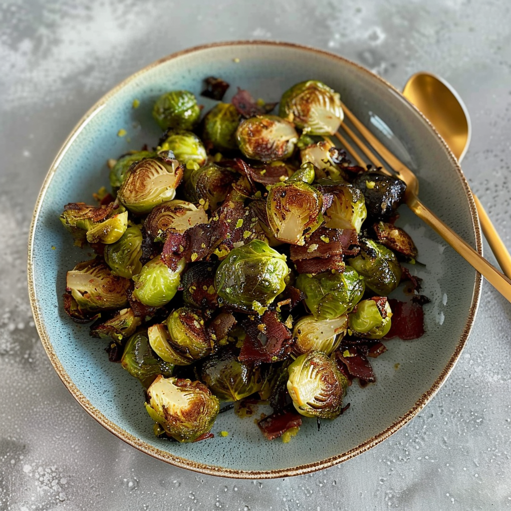 Recipe preparation for Dijon-Parmesan Roasted Brussel Sprouts with Prosciutto