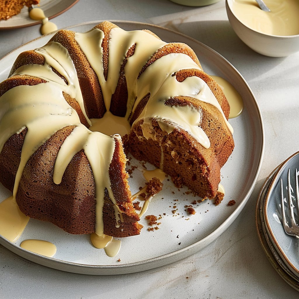 Recipe preparation for Pumpkin-Spice Latte Bundt Cake with Salted Caramel Drizzle