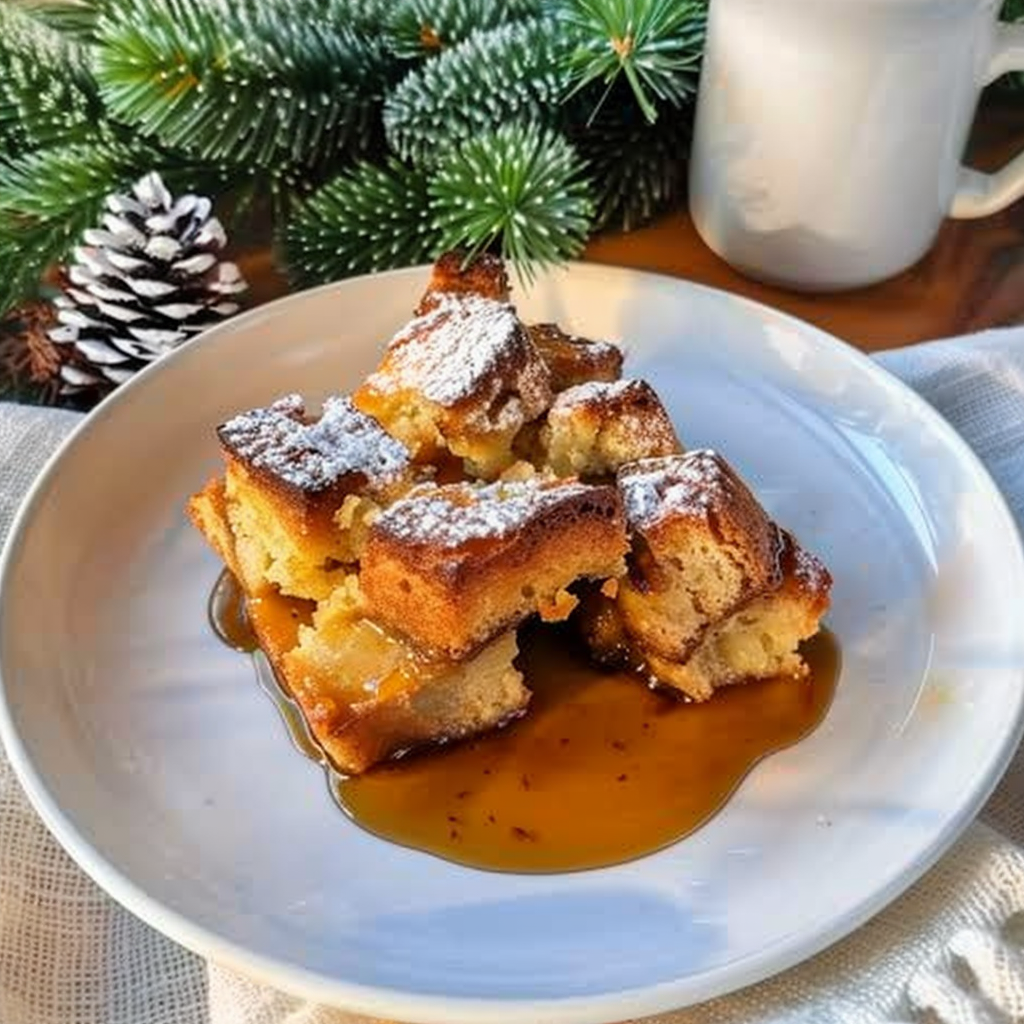 Recipe preparation for Eggnog Bread Pudding with Rum Sauce