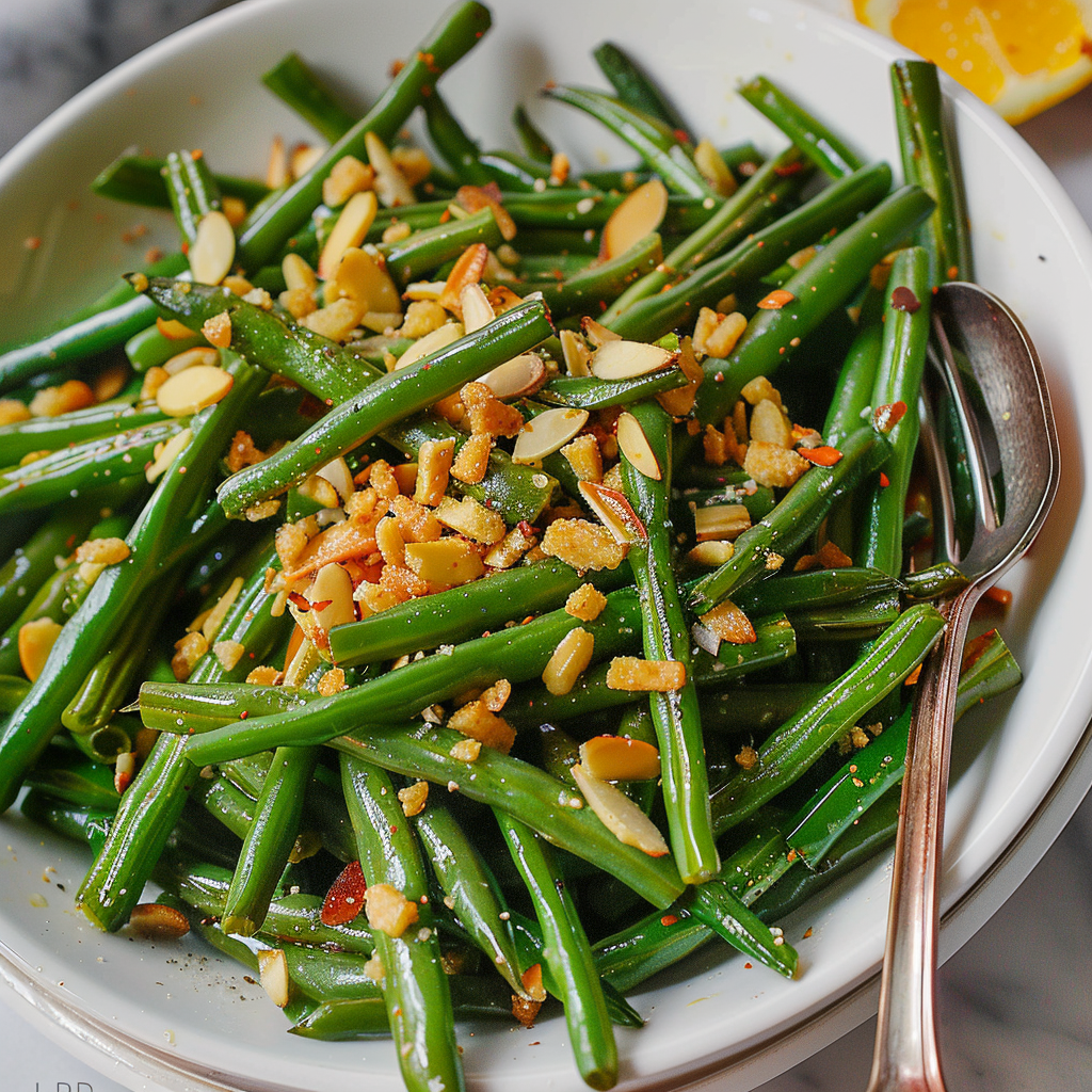 Recipe preparation for Garlic Parmesan Green Bean Amandine