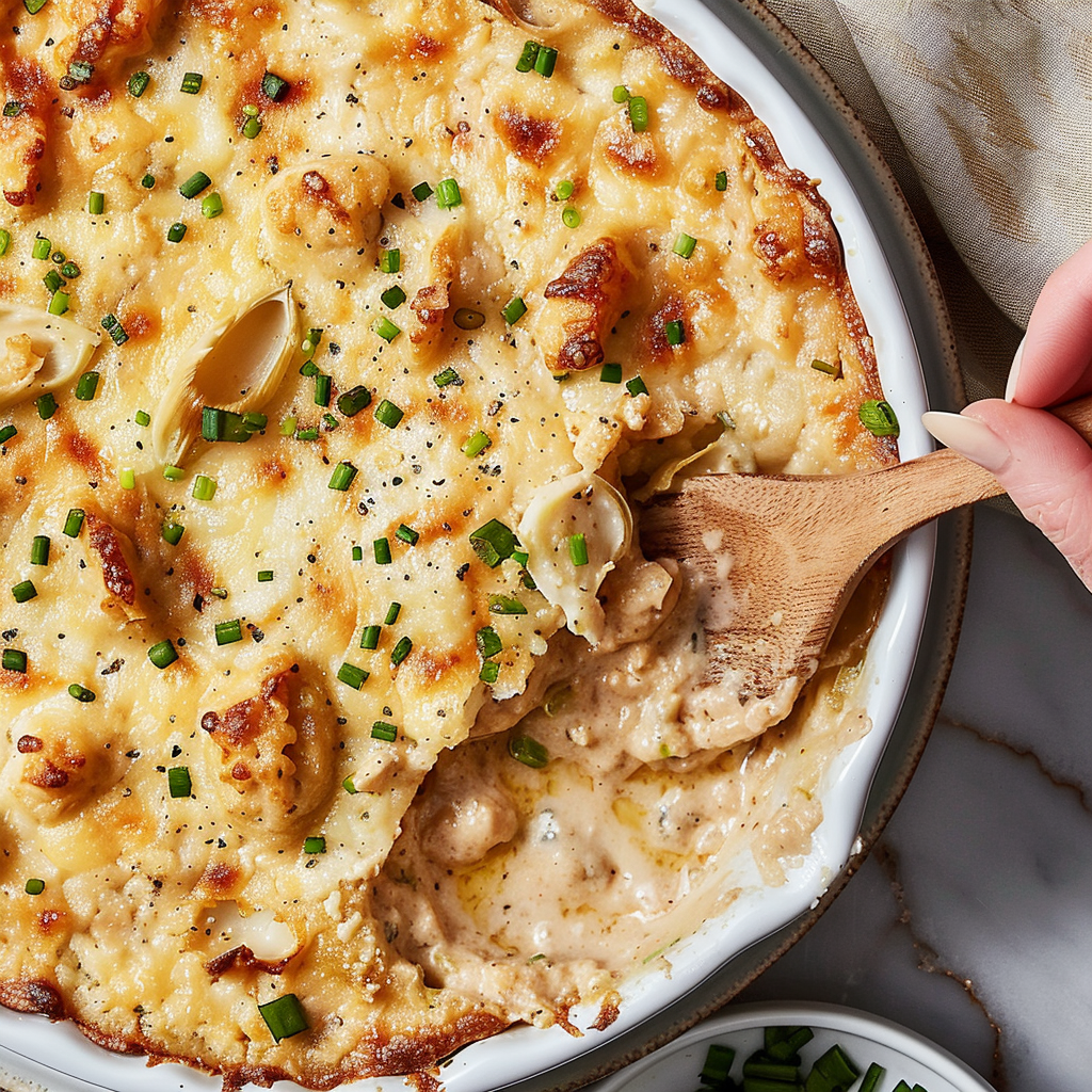 Recipe preparation for Hot Crab & Artichoke Dip with Truffle Oi