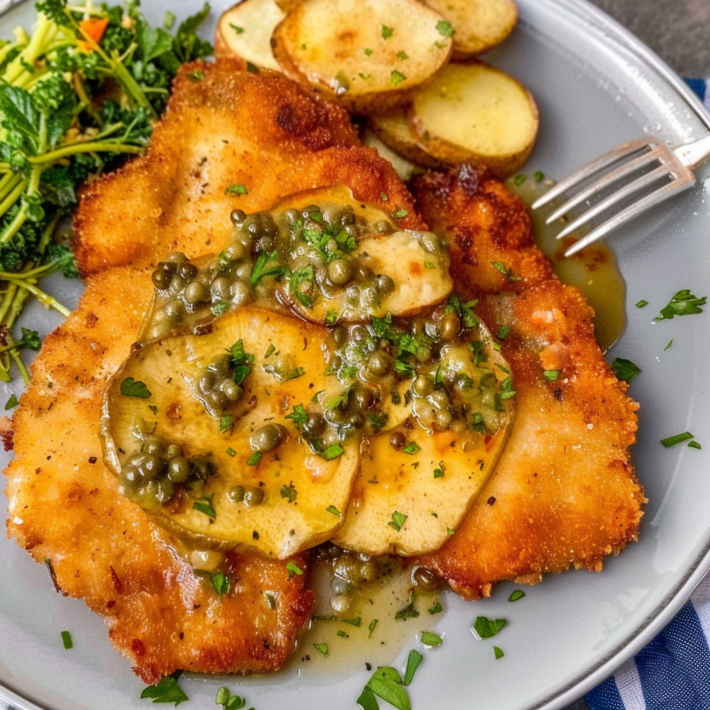 Recipe preparation for Chicken Schnitzel with Jalapeño Caper Butter