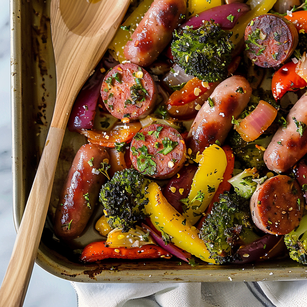 Recipe preparation for 20-Minute Sheet Pan Sausage & Veggies