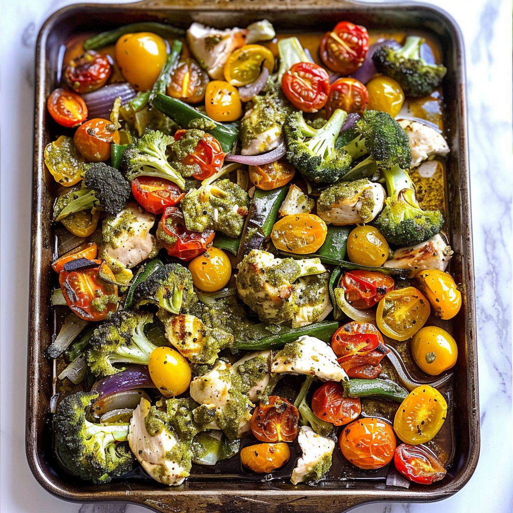 Recipe preparation for One-Pan Pesto Chicken & Tomatoes