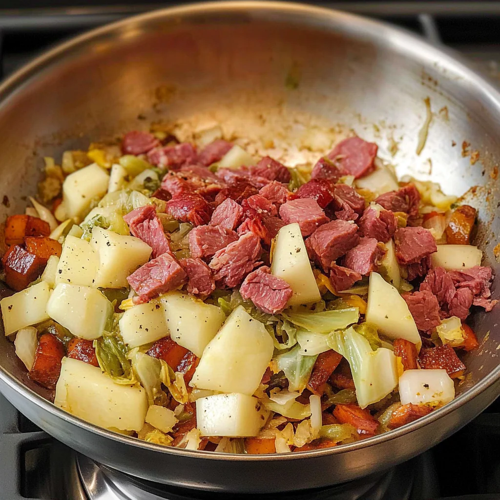 Recipe preparation for Sautéed Cabbage & Corned Beef Hash