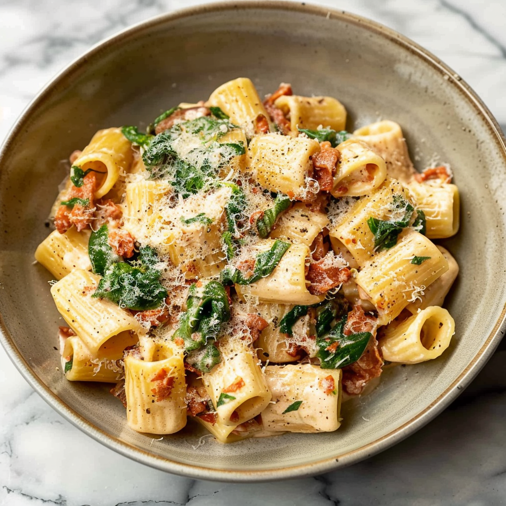Recipe preparation for Creamy Sun-Dried Tomato Beef Rigatoni