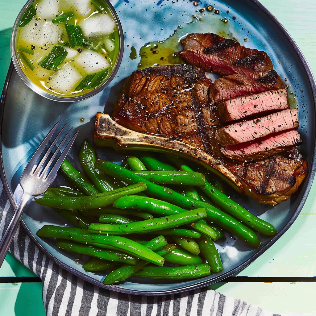 Recipe preparation for Garlic Herb Butter Steak Skillet with Green Beans