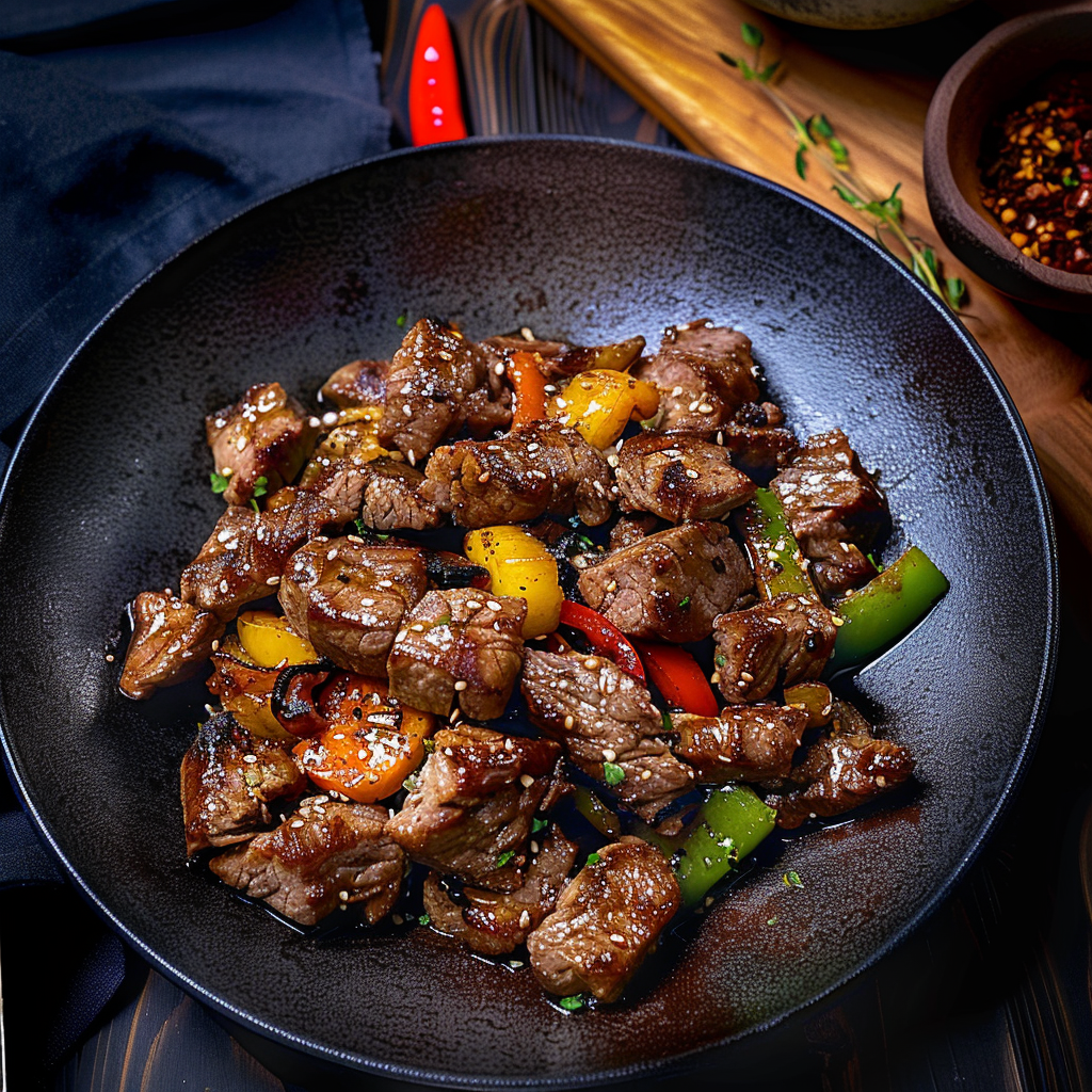 Recipe preparation for Black Pepper Steak Bites with Toasted Rice
