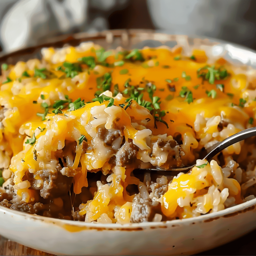 Recipe preparation for Smoked Cheddar Beef & Rice Casserole