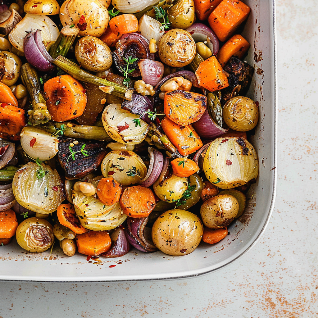 Recipe preparation for Garlic Herb Christmas Roast Veggie Medley