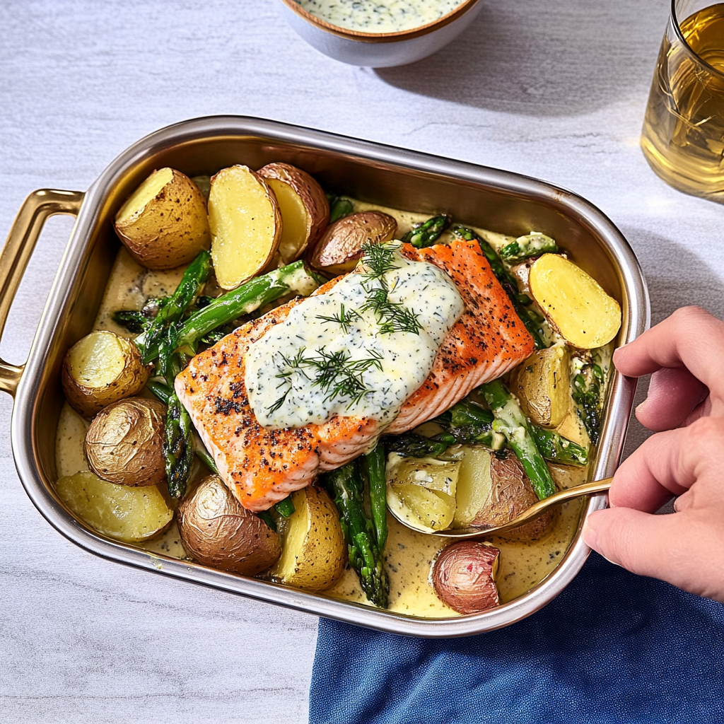 Recipe preparation for Creamy Mustard Dill Salmon with Steamed Potatoes