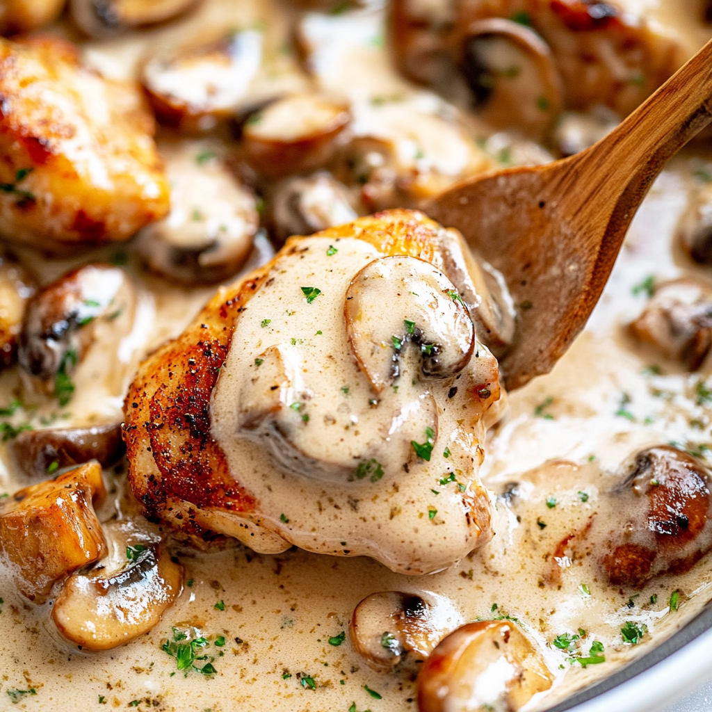 Recipe preparation for Chicken Thighs With Creamy Mushroom Garlic Sauce