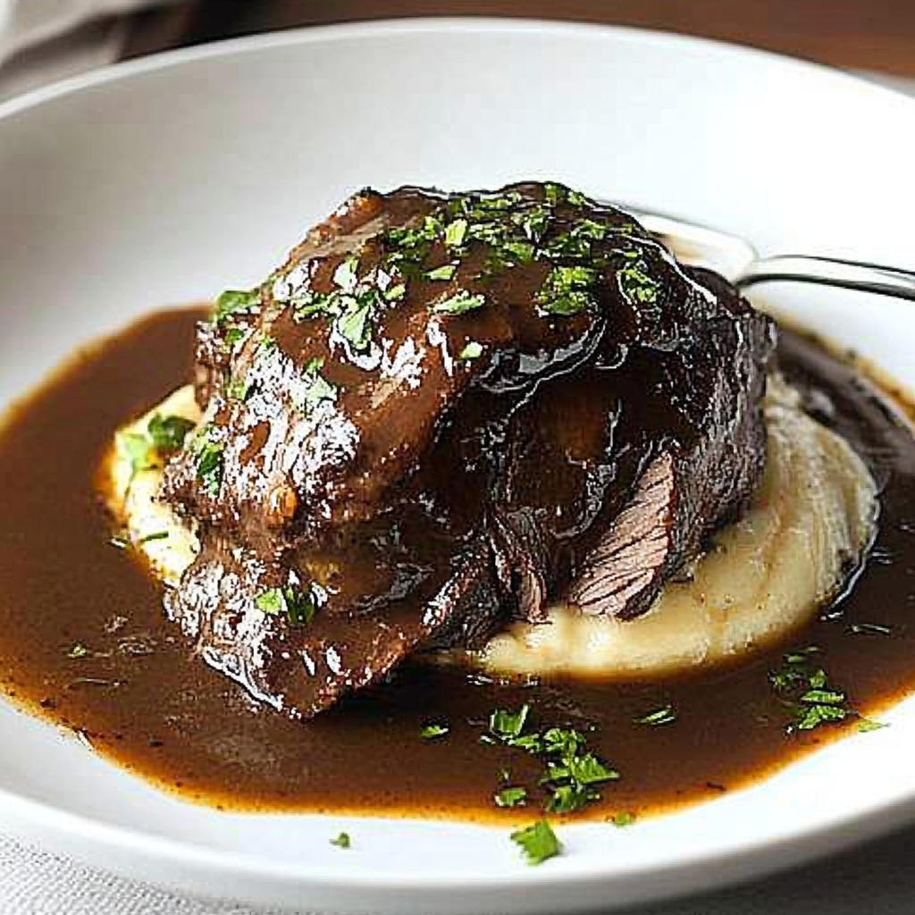 Recipe preparation for Slow-Baked Beef Cheeks with Onion Gravy