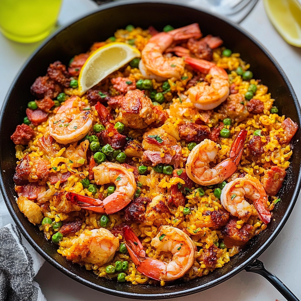 Recipe preparation for Shrimp and Chorizo Paella.