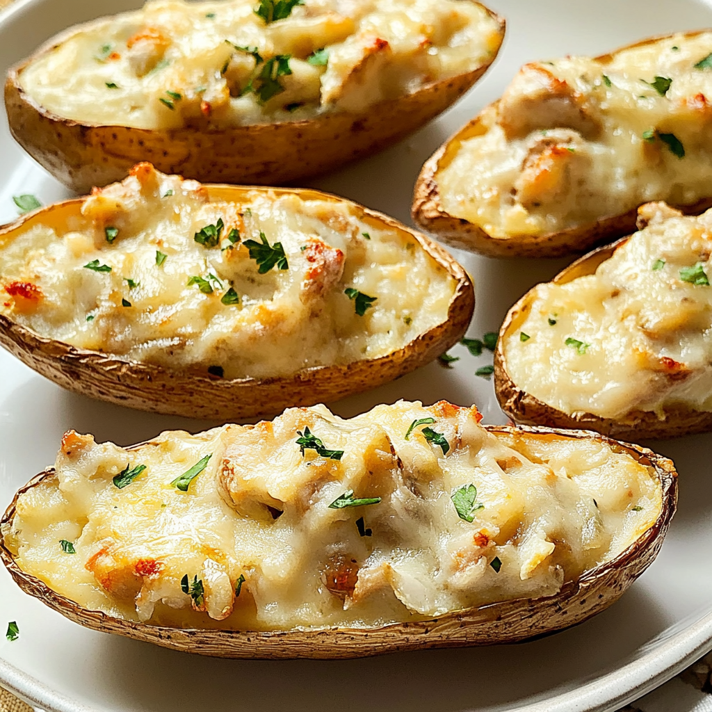 Recipe preparation for Chicken Alfredo Twice Baked Potatoes