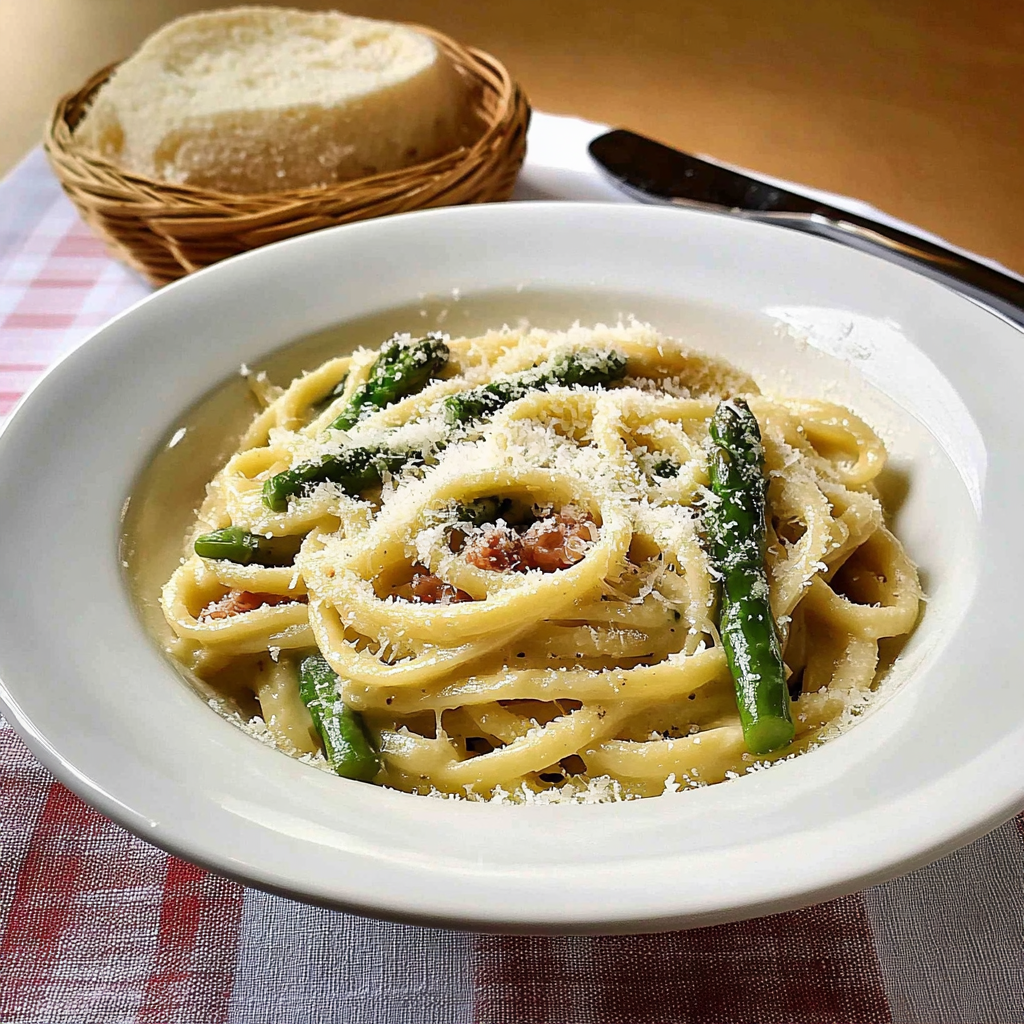 Recipe preparation for Asparagus Fettuccine Carbonara