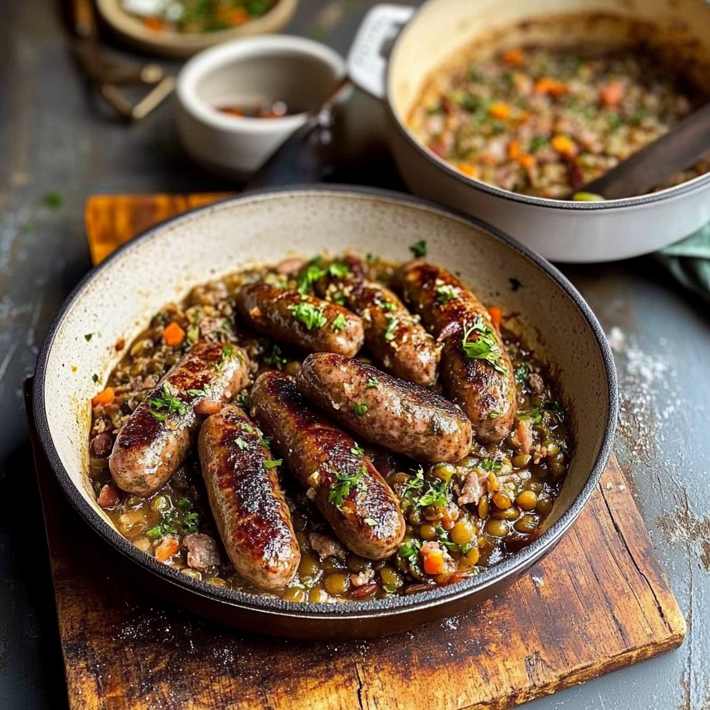 Recipe preparation for Braised Chicken Sausage with White Wine Lentils