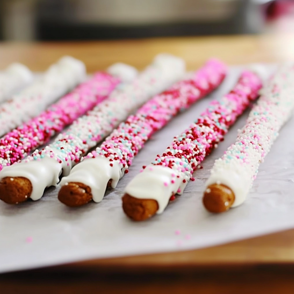 Recipe preparation for White Chocolate Dipped Valentines Pretzel Rods