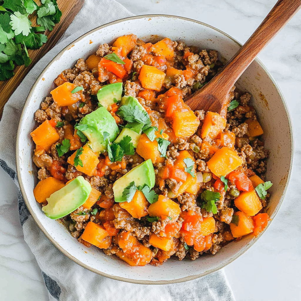 Recipe preparation for Healthy Ground Beef & Sweet Potato Skillet