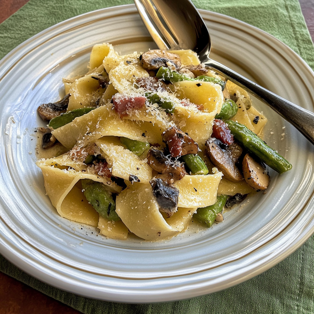 Recipe preparation for Spring Asparagus and Mushroom Pappardelle
