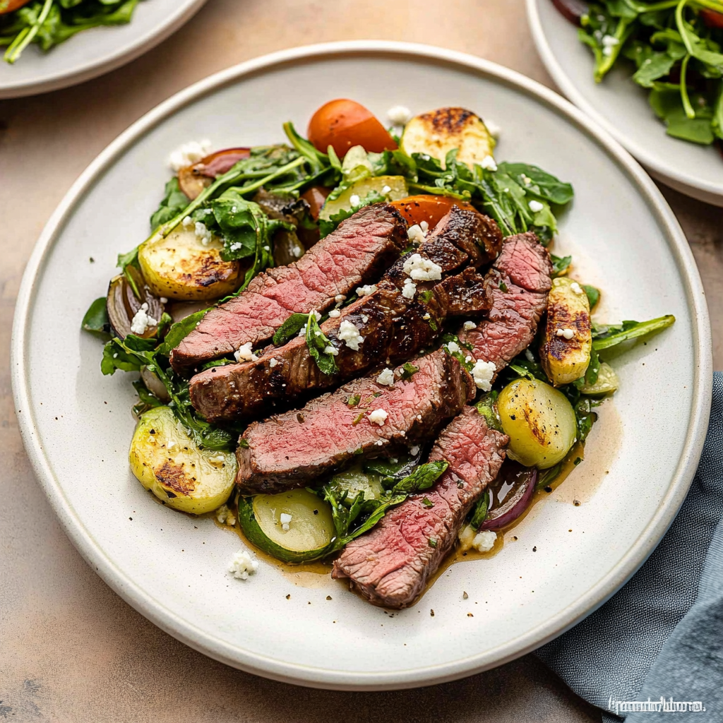 Recipe preparation for Pan- seared Balsamic Beef with Aragula