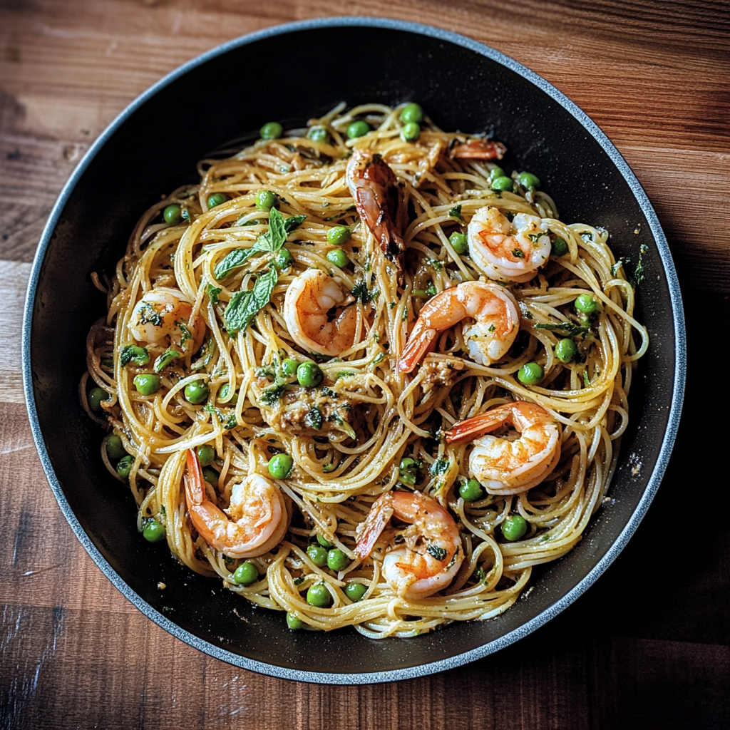 Recipe preparation for Spaghetti with Spring Peas and Shrimp Scampi