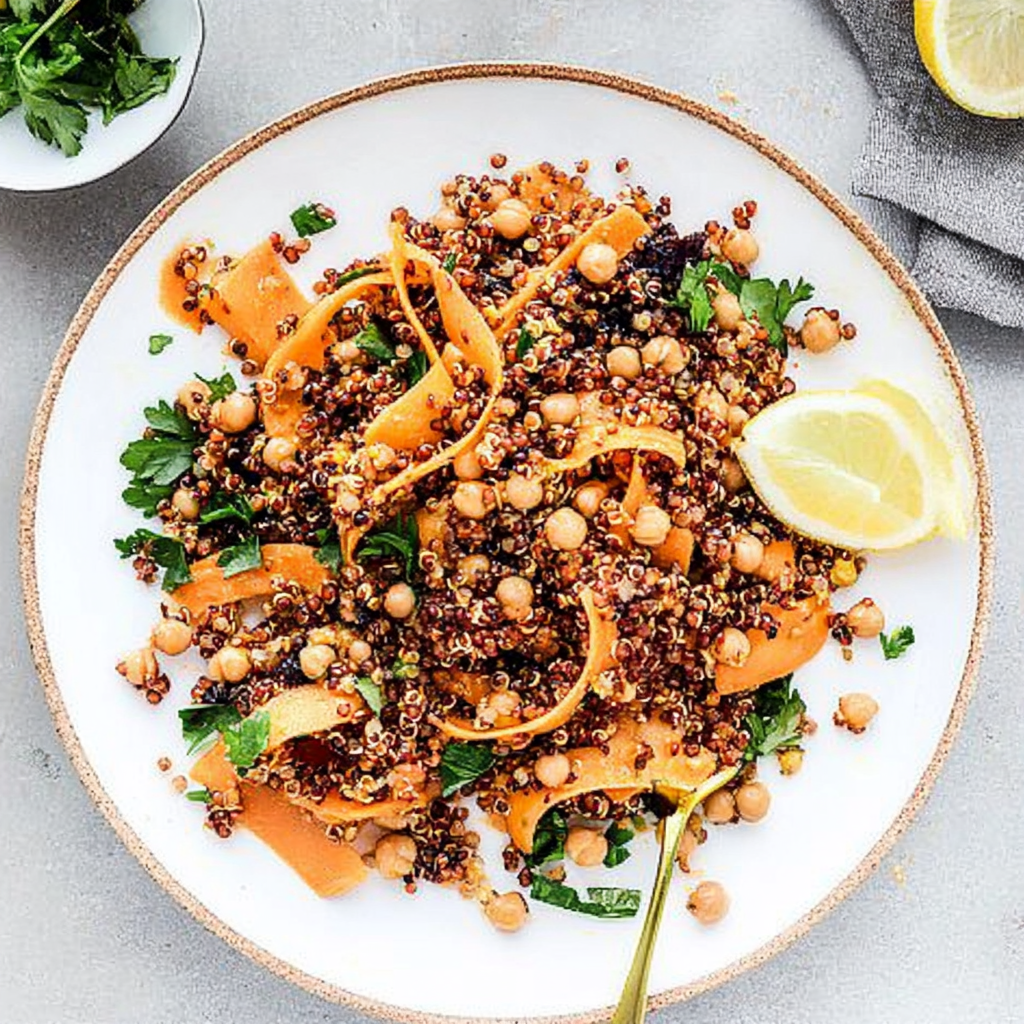 Recipe preparation for Carrot Salad with Red Quinoa and Chickpeas
