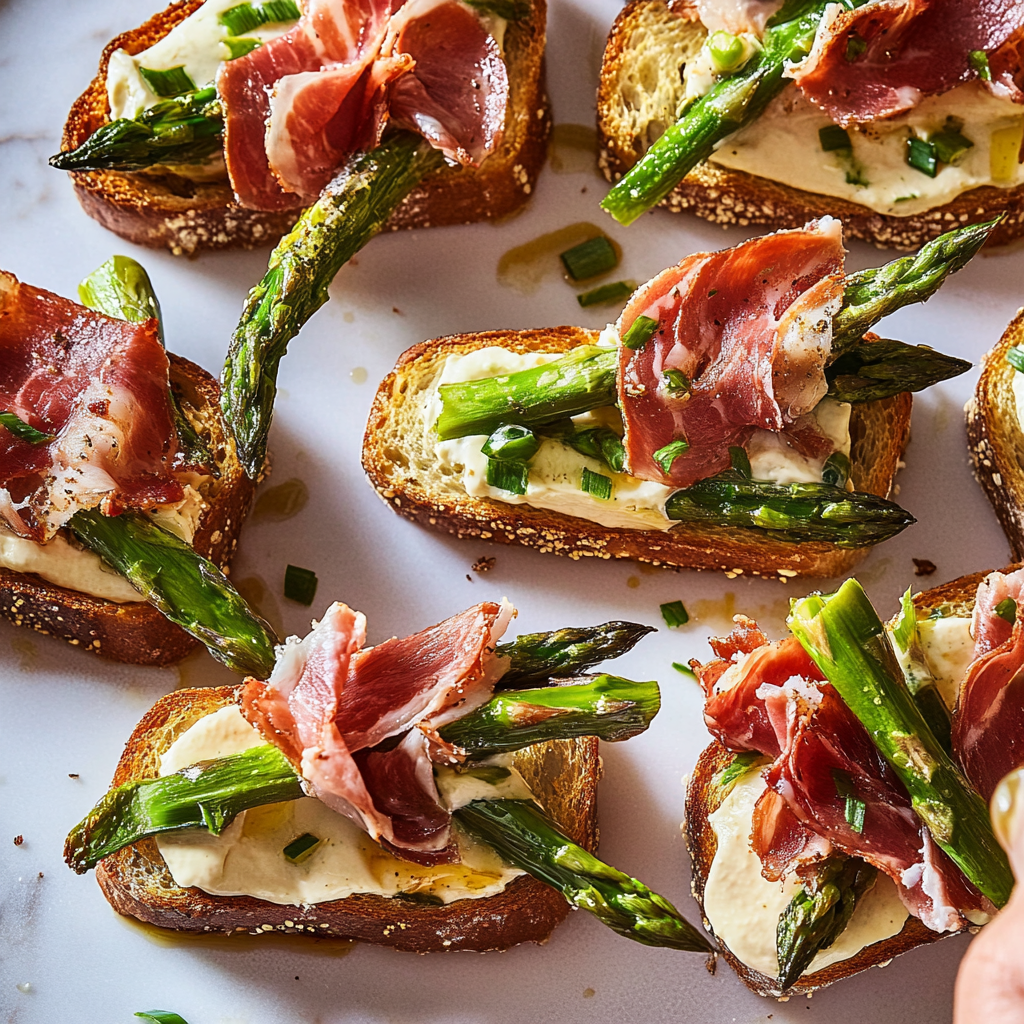 Recipe preparation for Crispy Prosciutto & Asparagus Mini Toasts