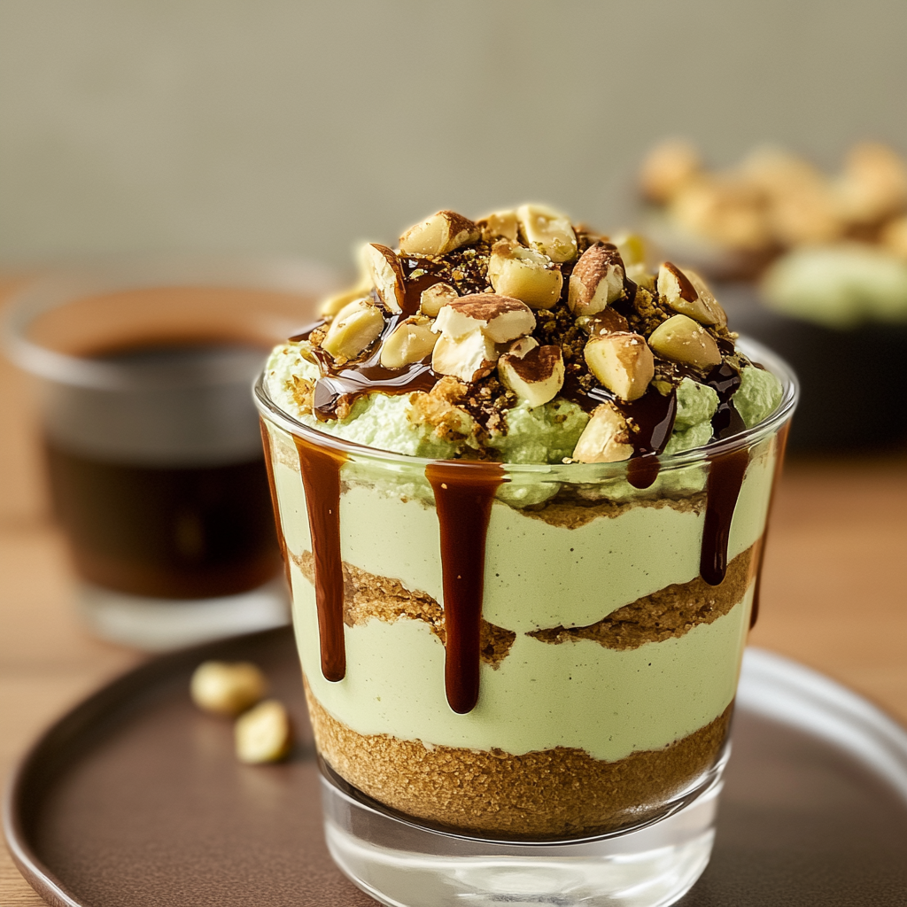 Recipe preparation for Pistachio Tiramisu Cups with Honey Espresso Drizzle