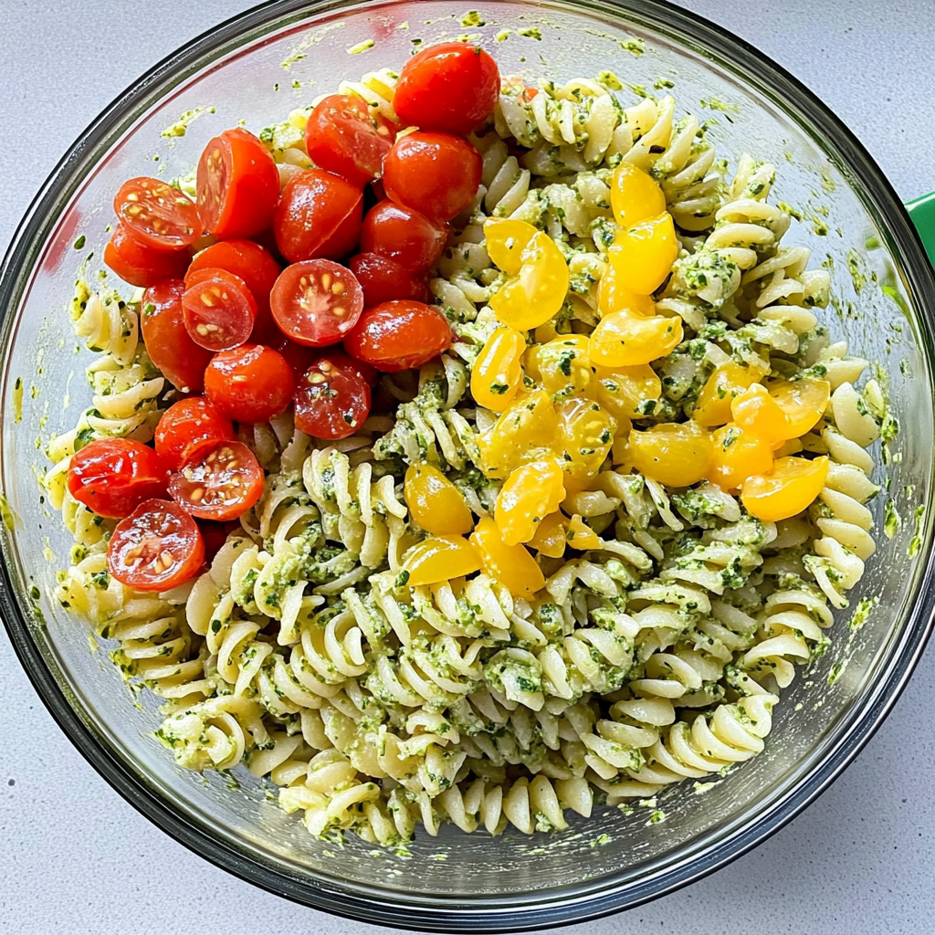 Recipe preparation for Pesto Spring Pasta Salad With Cherry Tomatoes