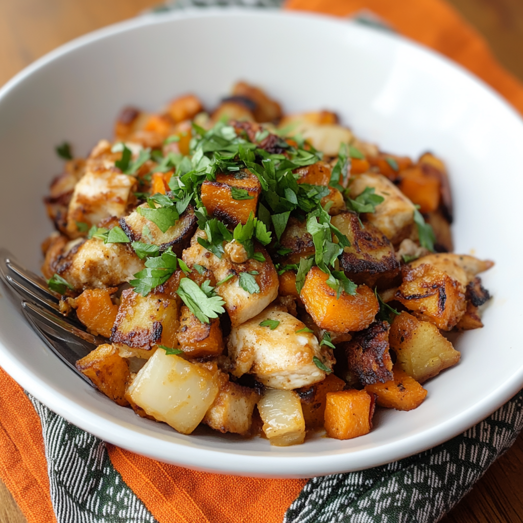 Recipe preparation for Sweet Potato Chicken Breakfast Hash