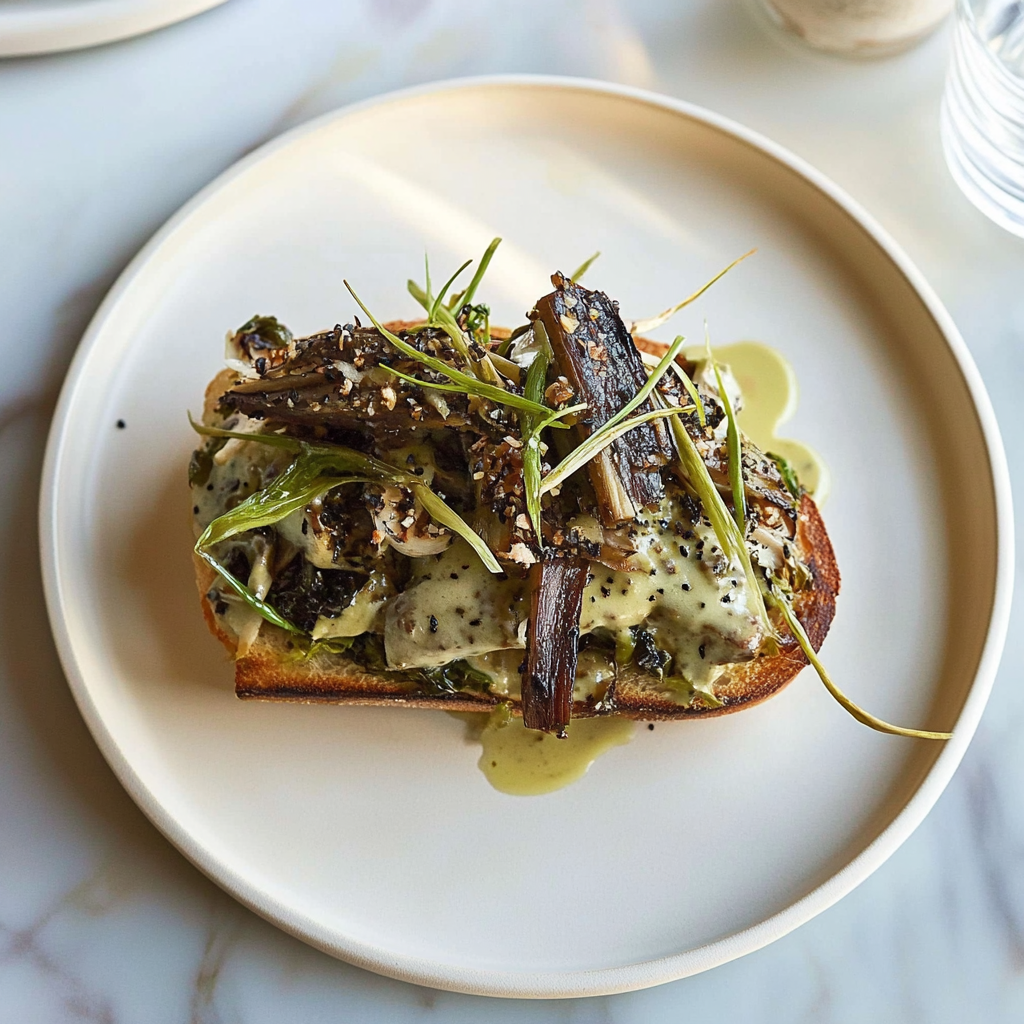 Recipe preparation for Mushroom Scallion Tartine with Poblano Yogurt