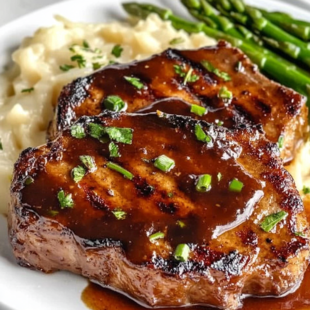 Recipe preparation for Honey-Butter Pork Chops With Rhubarb Sauce & Herby Peas