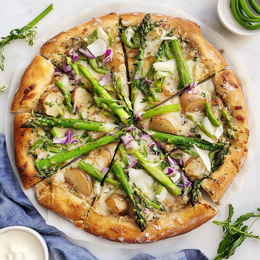 Recipe preparation for Farmers Market Asparagus & Potato Pizza