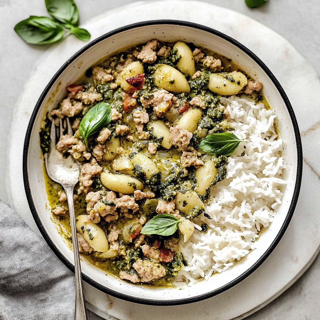 Recipe preparation for Cramy Pesto Ground Turkey Skillet