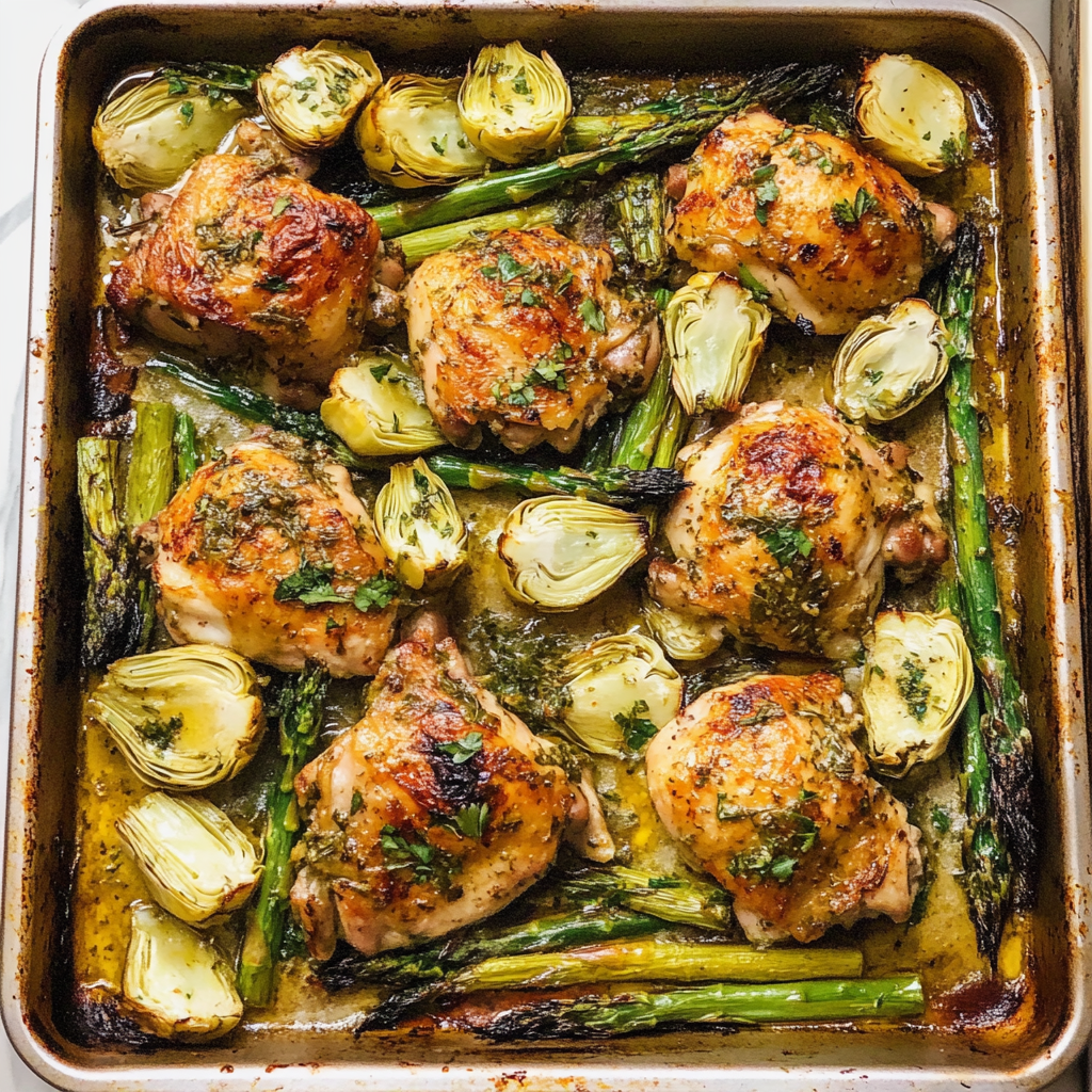 Recipe preparation for Sheet Pan Spring Chicken with Artichokes and Asparagus