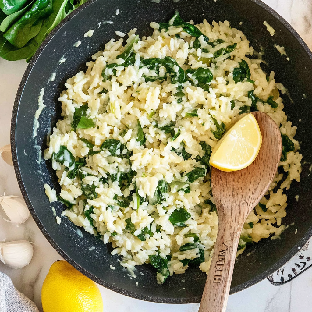 Recipe preparation for Spinach and Garlic Scrape Baked Risotto