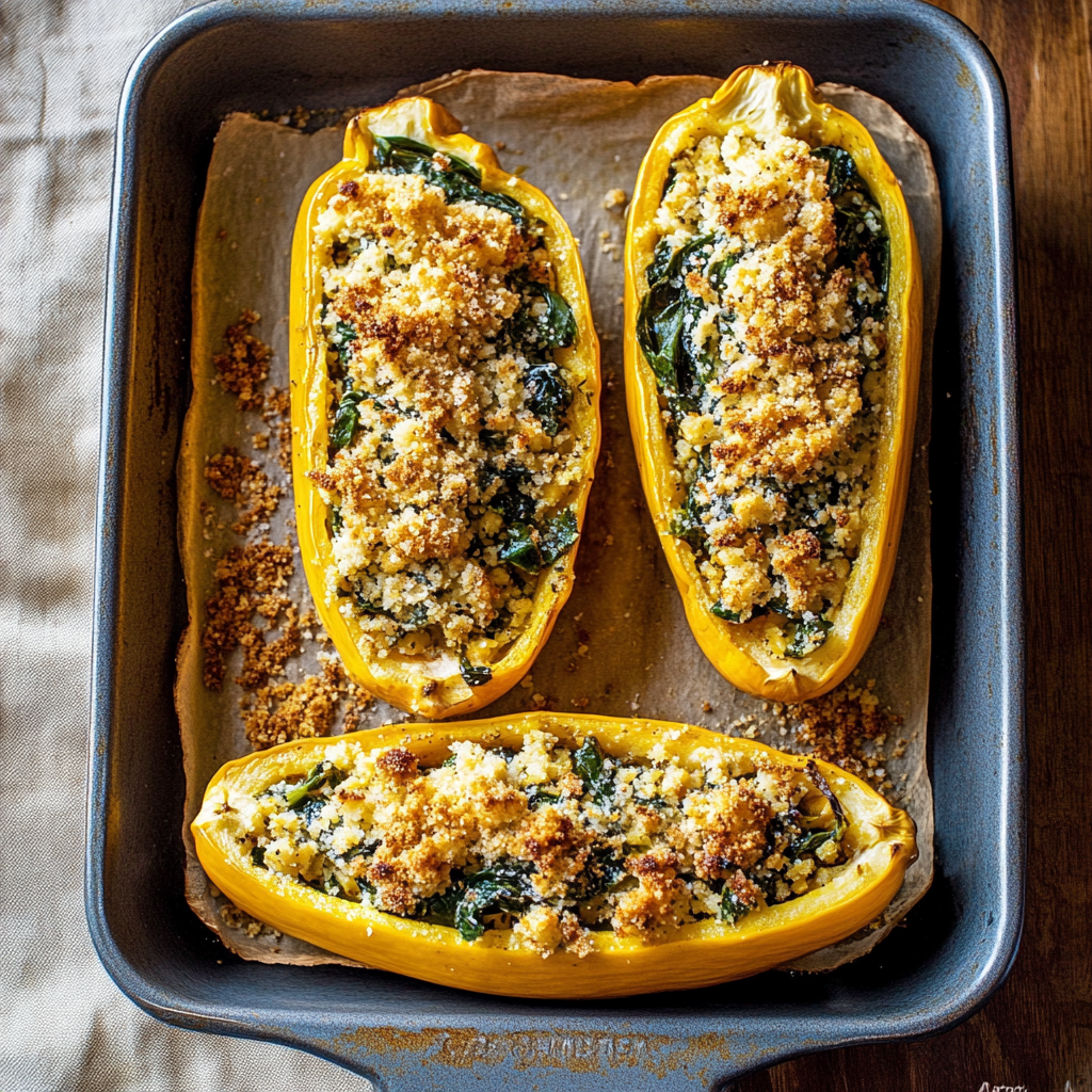 Recipe preparation for Delicata Squash with Spinach and White Beans
